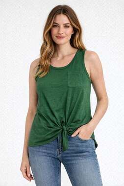Rebellious One Juniors Green Front Knot Pocket Tank Top